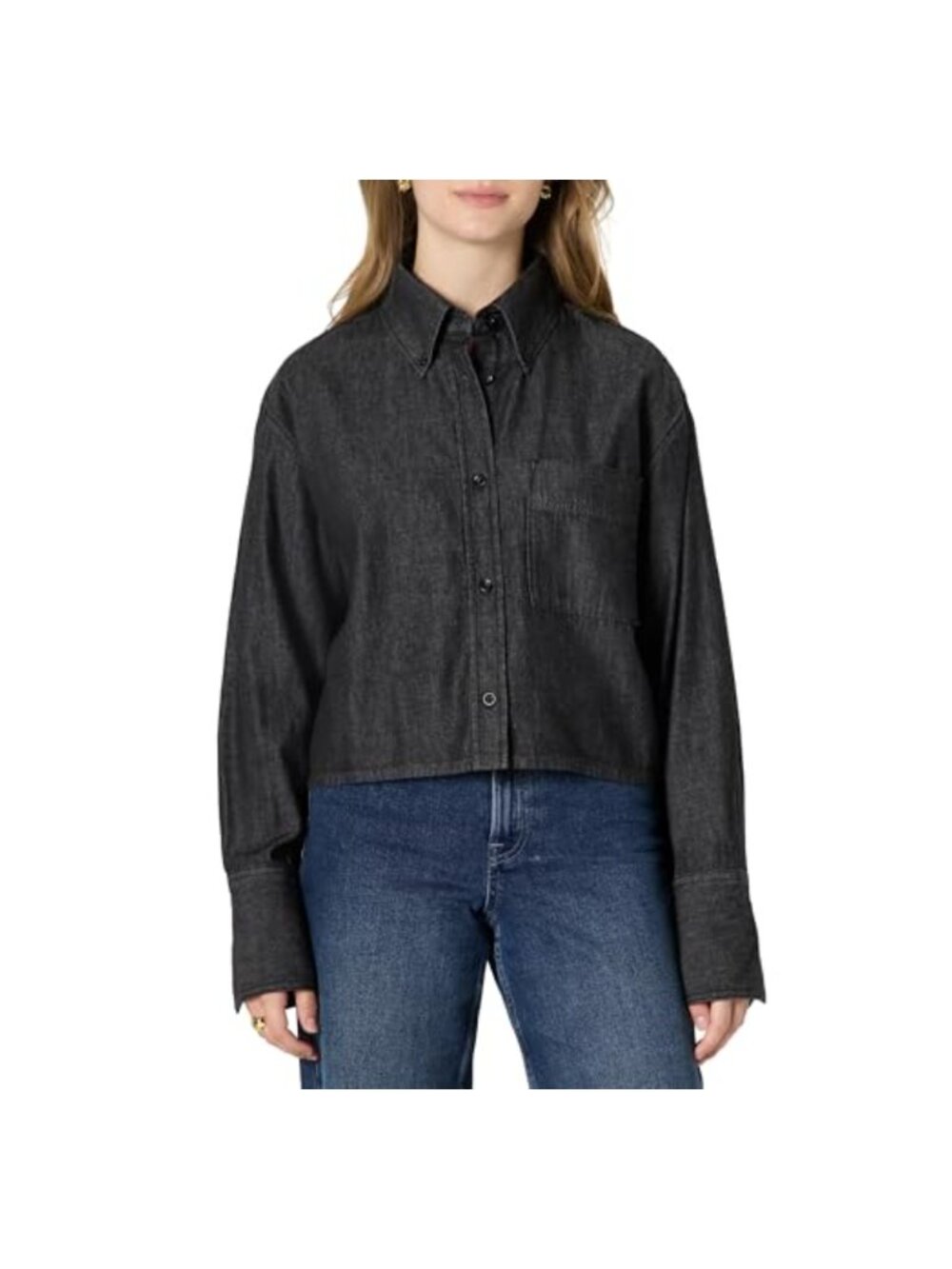 Oversized Cropped Denim Button-Down Shirt Lightweight Chambray Casual